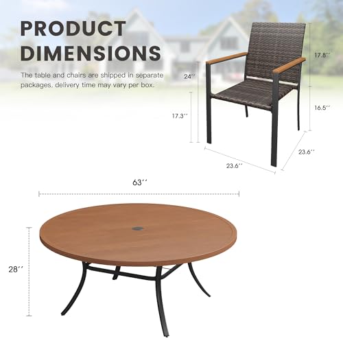 ARKOST Round Patio Dining Set for 10, 63" Round Metal Table with Umbrella Hole and Stackable Wicker Patio Chairs, Outdoor Furniture Set for Deck Backyard Garden, Walnut Chairs, Walnut Table