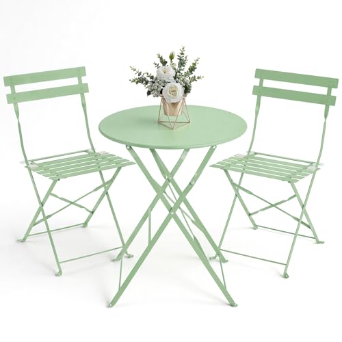 Bistro Table and Chairs set of 2, 3 Piece Folding Outdoor Patio Bistro Set with Comfortable Cushions, Weather-Resistant Stable Small Patio Furniture Set for Backyard Balcony Porch Coffee Shop, Green