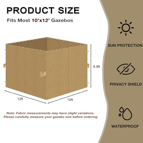 Gazebo Privacy Curtains 10' x 12' Replacement Panels – Waterproof & Windproof 4 Zippered Sidewalls for Patio Canopy, Outdoor Garden or Backyard Gazebo(Khaki)