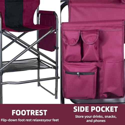 Foristrail 30" Tall Directors Chair with Side Table, 400LBS Bar Height Folding Camping Chair for Makeup Artists, Outdoor Events, Portable Foldable Chair with Cup Holder & footrest - Wine Red/Black