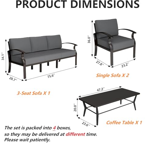 Gotland Aluminum Patio Furniture Set with Rectangular Coffee Table, Metal Patio Furniture with 5 Seats Waterproof 5.1'' Seat Cushions, Outdoor Sectional Patio Conversation Sets for Balcony Grey
