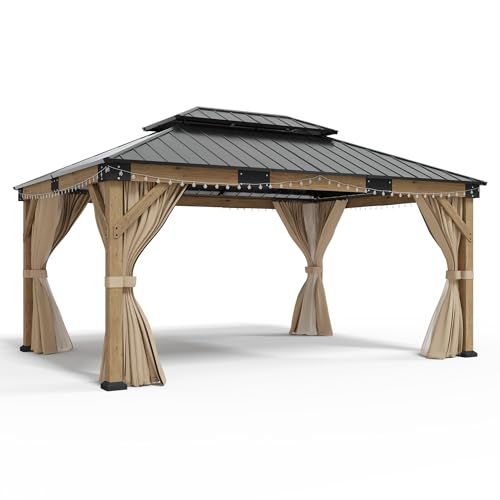 AMERLIFE 12' x 14' Heavy Duty Hardtop Gazebo with Double Metal Roof, Wood Gazebo with Privacy Curtains & Mosquito Netting, Outdoor Pavilion for Backyard, Garden & Patio, Brown