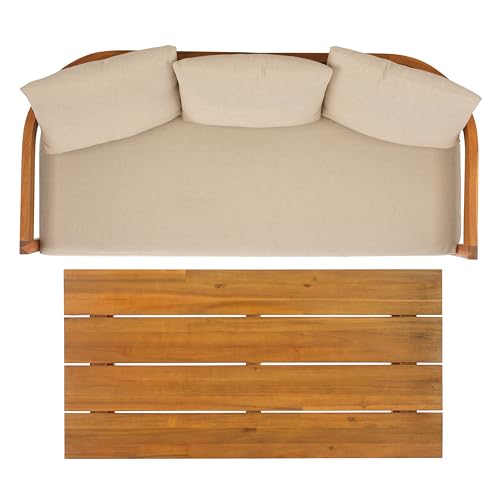 SAFAVIEH Outdoor - Kento 3-Seat Sofa - Natural & Taupe - Solid Wood with Cushion - Modern Slatted Round-Frame Design - Ideal for Patio, Deck, Porch, Backyard, 16" Seat Height (PAT7098A)