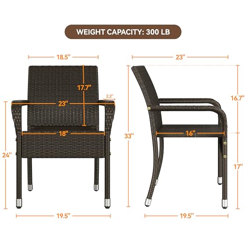 Yaheetech Set of 2 Stackable Outdoor Rattan Dining Chairs, All-Weather Armchair w/Armrests, Steel Frame for Garden, Patio, Deck, Yard, Poolside, Brown
