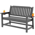 WELYAS Outdoor Bench with Unique 2 Cup Holders, Easy Assemble All Weather Low Maintenance Sturdy HDPE Bench for Garden Porch 2 Person,Grey