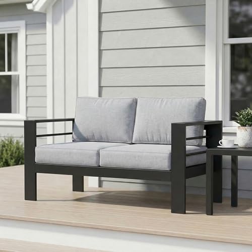 Wisteria Lane Metal Patio Furniture Sofa, All-Weather Outdoor Couch with Upgraded Cushions, Weather-Resistant Heavy Duty Modern Outdoor 2 Seats Sofa for Garden, Balcony, Deck, Backyard, Light Grey