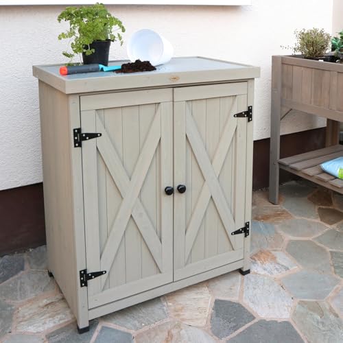 HABAU Outdoor Storage Cabinets Weatherproof for Patio, Garden Work Bench with Shelves & Metal Tabletop, Wooden Potting Table Workstation