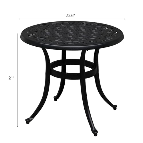 VINGLI 24” Cast Aluminum Outdoor Side Table, All Weather Round Patio Side Table End Table for Porch Backyard Balcony Outside (Black)