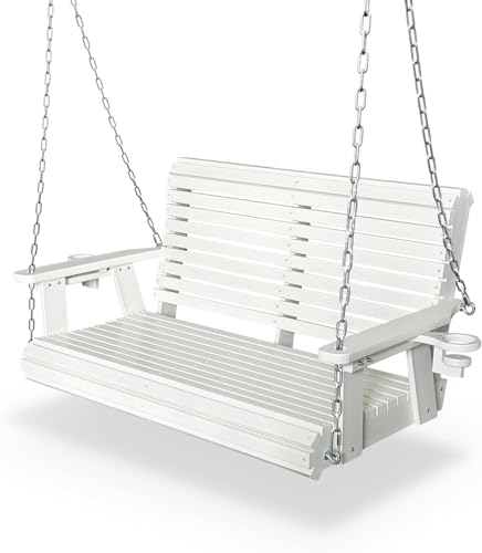 HDPE Porch Swing with 18/8 Stainless Steel Bolts, Ergonomic Design, Ultra Weather-Resistant, Heavy Duty 1200 LBS, for Outdoor Patio Garden Yard (Vanilla White)