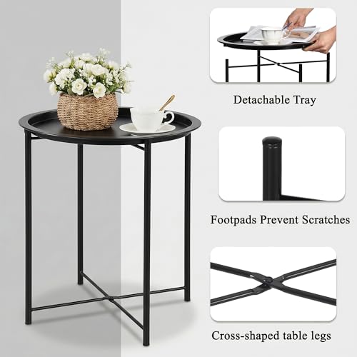 VECELO Side/End Table, Folding Round Metal Anti-Rust and Waterproof Outdoor or Indoor Tray for Living Room Bedroom Balcony and Office, 2 PCS, Black