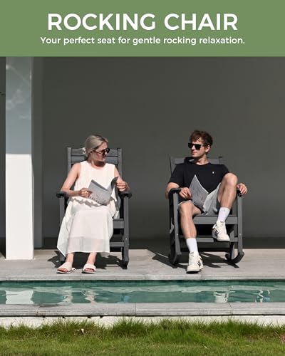 SUUNYN Oversized Outdoor Rocking Chair, HDPE All Weather Resistant Patio Rocking Chair, High Back Porch Rocking Chair, 380lbs Weight Capacity, Dark Grey