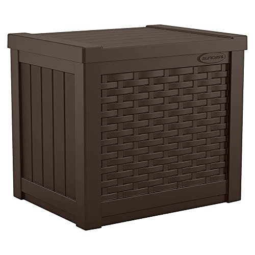 Suncast Small Outdoor Storage Box - 22 Gallon Java Resin Outdoor Deck Box, Flat-Lid Bench Seating, Patio Storage Bin Container for Organizing Tools, Cushions for Porch, Deck, Pool, & Garden