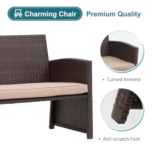 OC Orange-Casual Outdoor Loveseat 3 Piece Patio Furniture Set Outdoor Conversation Set All-Weather Wicker Love Seat with Ottoman/Side Table, Brown Rattan, Beige