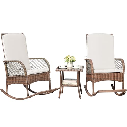 Greesum 3 Piece Outdoor Wicker Rocking Chairs Patio Furniture Set with Glass Coffee Table for Garden Backyard Porch Poolside, Beige