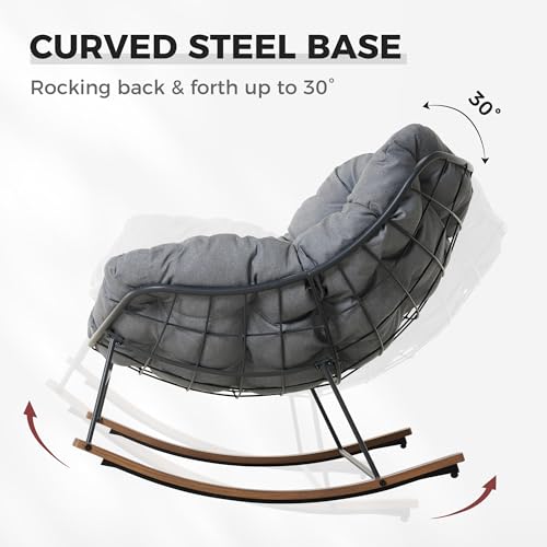 Grand patio Outdoor Rocking Chair, Oversized Papasan Rocking Chair with Thick Cushion, Indoor Outdoor Cozy Rocker for Balcony, Living Room, Patio, Gray