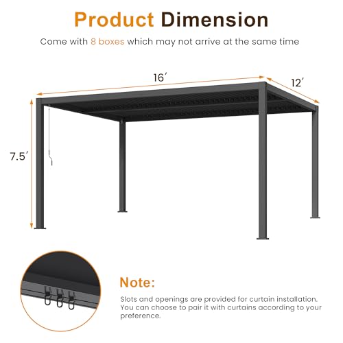 FansaFurn Louvered Pergola 12'x16', Full Aluminum Outdoor Pergola with Adjustable Rainproof and Gutter System, Hardtop Gazebo for Patio, Deck, Garden, Yard, Black