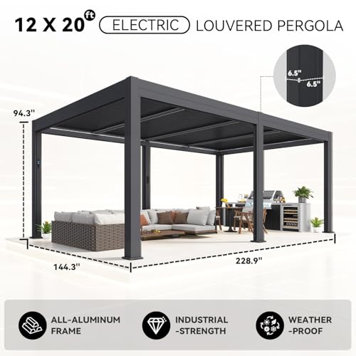 MELLCOM Motorized Louvered Pergola 12x20, Solar & Electric Powered with LED Lights and 6 Side Screens, Aluminum Adjustable Louvered Roof, Weatherproof Outdoor Shelter