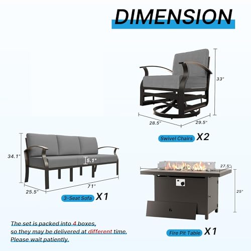 Gotland Aluminum Patio Furniture Set with Fire Pit Table, Metal Patio Furniture with 2 Swivel Rocking Chairs Waterproof 5.1'' Seat Cushions, Oversized Outdoor Sectional for Garden Balcony Porch Gray