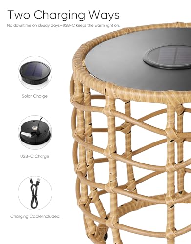 PARTPHONER Boho Solar Outdoor Side Table with Built-in Lights Set of 2, All-Weather Wicker Nesting Tables, Round Waterproof Accent End Table Design for Patio, Porch, Garden & Balcony, Natural Brown