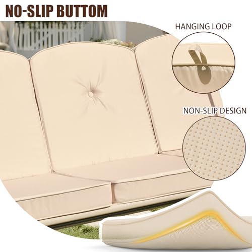 Oungelark Outdoor Porch Swing Cushions 3 Seater with Swing Canopy, Replacement Cushions for Outdoor Swing, Patio Swing Cushion 25D Foam (Khaki)