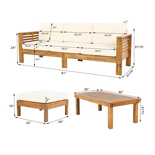 Christopher Knight Home Havets 3 Pieces Outdoor Acacia Furniture Set, Slat Panel Couch, Spacious Seating Armchair, 6" Thick Cushions Sofa and Coffee Table Set for Backyard Garden Balcony, Teak+Beige