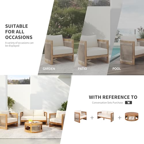 Christopher Knight Home Nesbit 4 Pieces Conversation Set, Acacia Wood Chat Set, Woven Rope Loveseat and Accent Chairs, Slat Panel Coffee Table, Patio Furniture Set for Backyard Balcony Garden, Beige