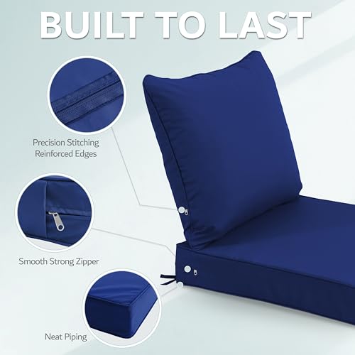 24x24 Inch Outdoor Chair Cushions Set of 2, Patio Furniture Cushions - Removable Cover, Water-Repellent, Fade-Resistant, Non-Slip Bottom & Straps, Replacement for Deep Seat Sofa & Couch - Navy