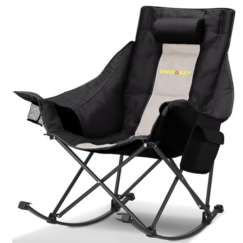 Unisakey Oversized Rocking Camping Chair with Headrest & Cup Holder - 400lbs Capacity, 600D Oxford Fabric, Easy Fold Portable Outdoor Rocker Chair for Camping, Backyard, Beach, Light Gray
