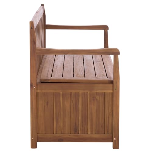 SAFAVIEH Outdoor Patio Furniture Collection – Kelter Solid Teak Wood Bench Box with Storage, Slatted Design, Versatile Indoor/Outdoor Seating (PAT6813A)