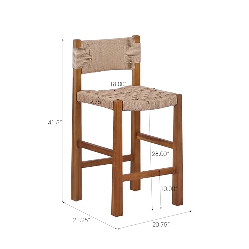 Christopher Knight Home 2-Pack Outdoor Counter Height Bar Stools with Backrest, Acacia Wood Frame Woven Wicker, 28" Patio Bar Chairs with Teak Finish for Deck Balcony Outdoor Bar Table, Light Brown