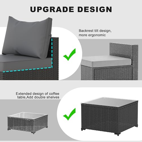 Patio Furniture Set, 5PCS Outdoor Sectional with Ottoman Wicker Rattan Patio Furniture with Thickened Cushion Modular Wicker Patio Conversation Set with Glass Top Table for Balcony, Backyard (Grey)