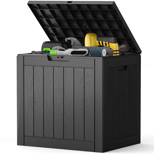 NEWBULIG 31 Gallon Outdoor Storage Box, Waterproof Deck Box with Lockable Lid, Patio Furniture Bench & Side Table, Easy Assembly, for Garden, Pool, Patio & Backyard Organization, Black