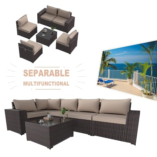 Kullavik 6PCS Outdoor Patio Furniture Set PE Wicker Rattan Sectional Sofa Patio Conversation Sets,Khaki