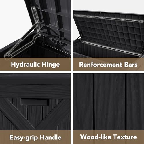 Devoko 120 Gallon Deck Box Resin Outdoor Storage Box Waterproof for Patio, Large Outdoor Storage Bench Lockable for Outside (Black)