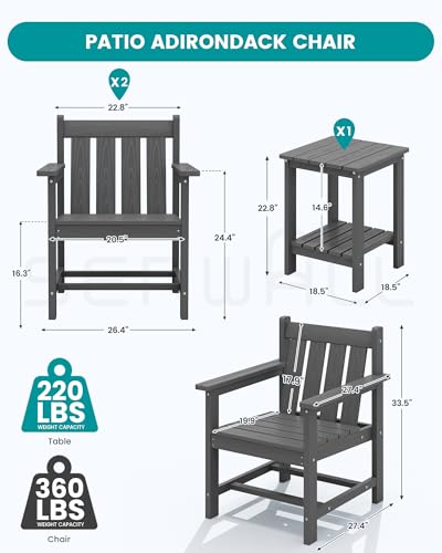 SEWRWALL 3 Pieces Patio Bistro Set, All Weather Adirondack Chair Set with Side Table, HDPE Material Outdoor Patio Furniture Set for Balcony, Porch, Garden, Backyard- Gray