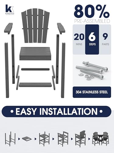 KINGYES Tall Adirondack Chair Set of 2, All-Weather HDPE Outdoor Adirondack Barstools with Removable Double Connecting Trays, High Airondack Chair with Wood Grain, Embossed Balcony Chair, Gray