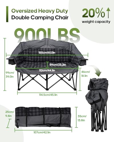 Double Camping Chair Padded Loveseat Camping Couch, Oversized 2 Person Camp Chairs with 2 in 1 Carry Bag, Heavy Duty Folding Lawn Chair Sofa with Cup Holders for Adults Patio Backyard Beach, Gray