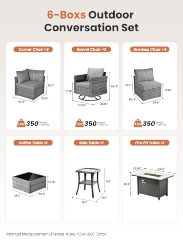 ovios 11 Piece Outdoor Patio Furniture Set with Fire Pit Table,Conversation Sectional Wicker Couch with Swivel Chairs,Modern Outside Sofa for Balcony Backyard, Dark Grey