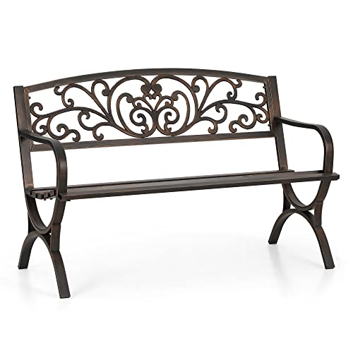 Sophia & William Metal Outdoor Bench, 50" Outdoor Garden Bench Patio Park Bench, Cast Iron Park Benches for Outside with Floral Design Backrest, Bronze