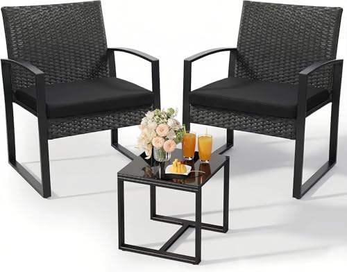Murago 3-Piece Patio Bistro Set - Outdoor Rattan Conversation Chair Set with Glass Coffee Table & Cushions - Perfect for Balcony, Porch, Garden, Poolside, Black/Black