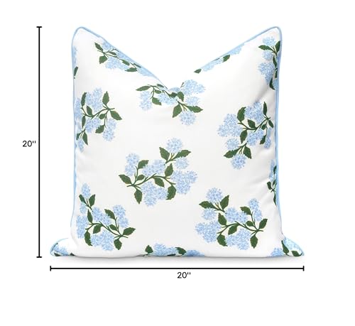 Hofdeco Premium Coastal Patio Indoor Outdoor Throw Pillow Cover Only, 20"x20" Water Repellent for Backyard, Couch, Baby Blue Print Hydrangea Flower
