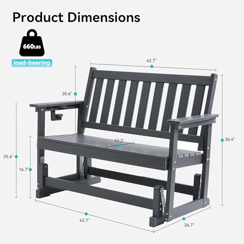 COSIEST 2 Person Outdoor Glider Bench, HDPE All-Weather Patio Glider with Cup Holder, Swing Chair for Garden, Backyard, Porch, and Deck,660LBS Capacity, Grey