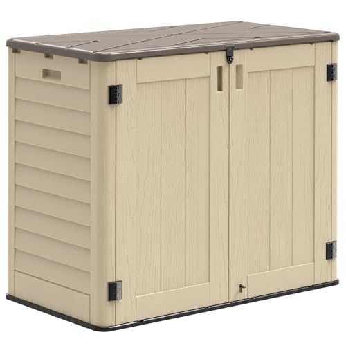 IWDOO Outdoor Storage Shed, 30 Cu Ft Waterproof Horizontal Resin Storage Cabinet, Weather-Resistant Garden Shed Trash Can Storage with Pad-Lockable Doors for Backyards (Khaki)