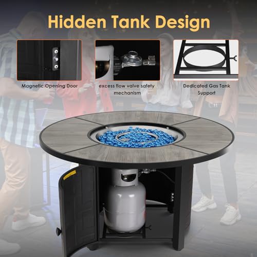 TLGREEN Propane Fire Pit Table 42 Inch Round – 50,000 BTU Outdoor Fire Pit with Lid, Converts to Patio Coffee Table, Certified, Includes Waterproof Cover & Blue Fire Glass(Grey)