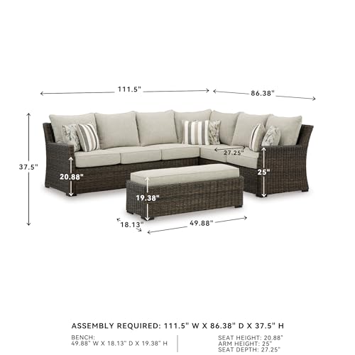 Signature Design by Ashley Brook Ranch Outdoor Sectional, All‑Weather Resin Wicker Patio Furniture With High‑Performance Cushions, Durable Aluminum Frame, Neutral