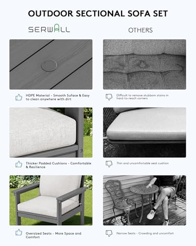 SERWALL HDPE Patio Conversation Set, 6-piece Sectional Outdoor Furniture Set, All Weather Outdoor Couch Set Patio Furniture Set for Deck, Lawn, Grey Frame with Khaki Cushion