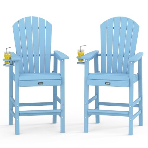 VINGLI Tall Adirondack Chairs Set of 2, All-Weather Plastic Adirondack Chair with Cup Holders, Heavy-Duty HDPE Outdoor Bar Stools for Patio, Balcony, Pool, Backyard (Blue, 2 PCS)