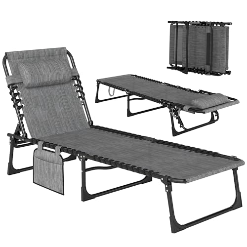 Outsunny Folding Chaise Lounge Chair Outdoor, Sun Tanning Chair with Side Pocket, Carrying Strap, Portable Patio Beach Lounger with 5-Position Reclining Back, Headrest for Pool, Camping, Yard, Gray