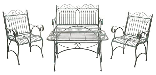 SAFAVIEH Outdoor Collection Leah Victorian Scroll Antique Dark Green Wrought Iron 4-Piece Patio Set