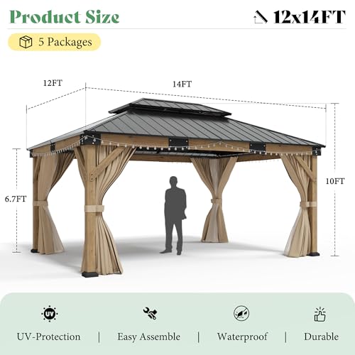 AMERLIFE 12' x 14' Heavy Duty Hardtop Gazebo with Double Metal Roof, Wood Gazebo with Privacy Curtains & Mosquito Netting, Outdoor Pavilion for Backyard, Garden & Patio, Brown